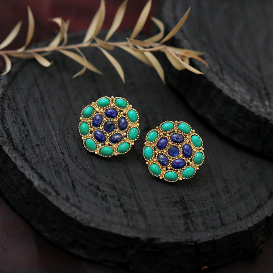 "Jaipur Mandala" Lapis Lazuli & Turquoise Stud Earrings - Gold Plated 925 Silver
