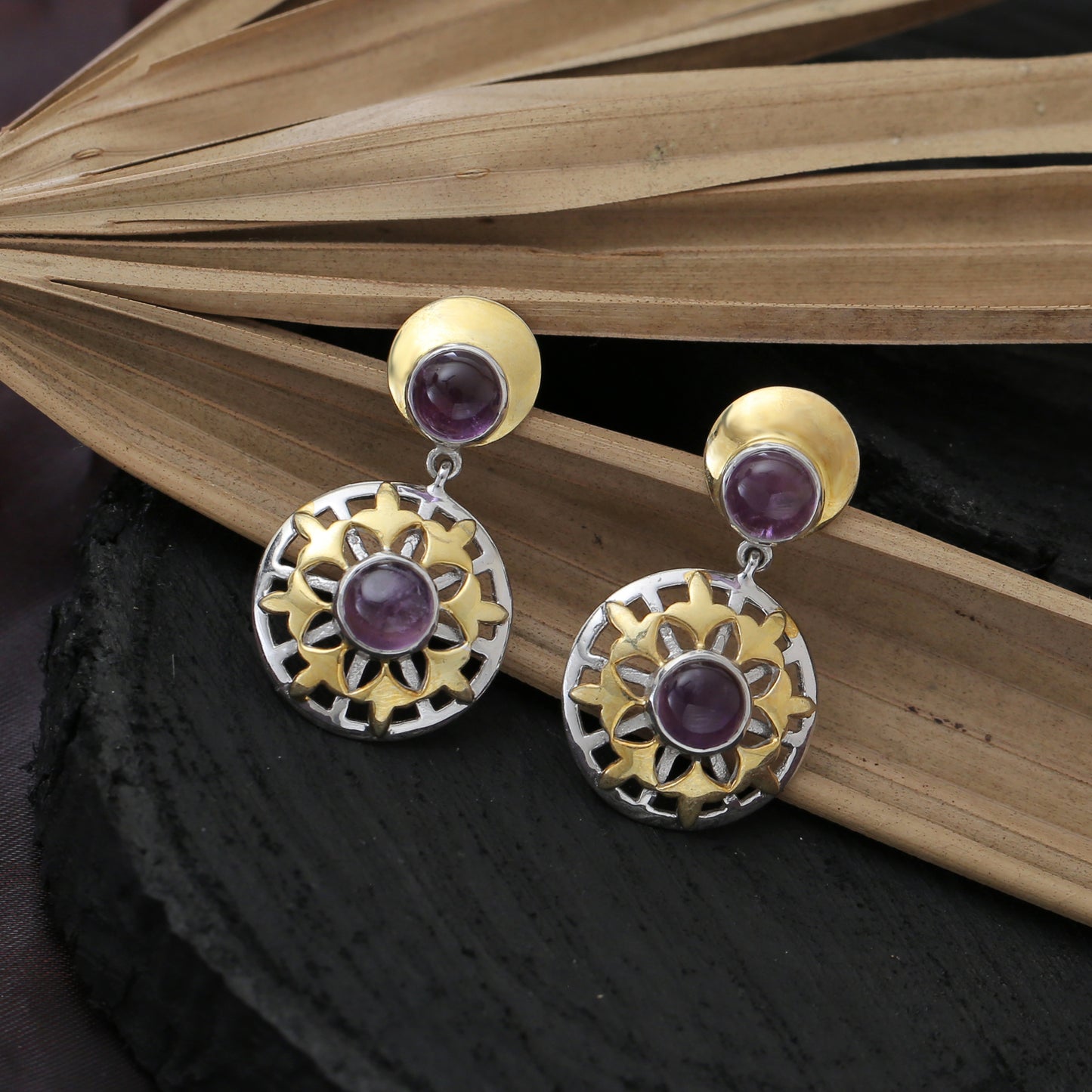 "Surya" Dual-Tone Amethyst Dangle Earrings - Gold & Silver Floral Sunburst