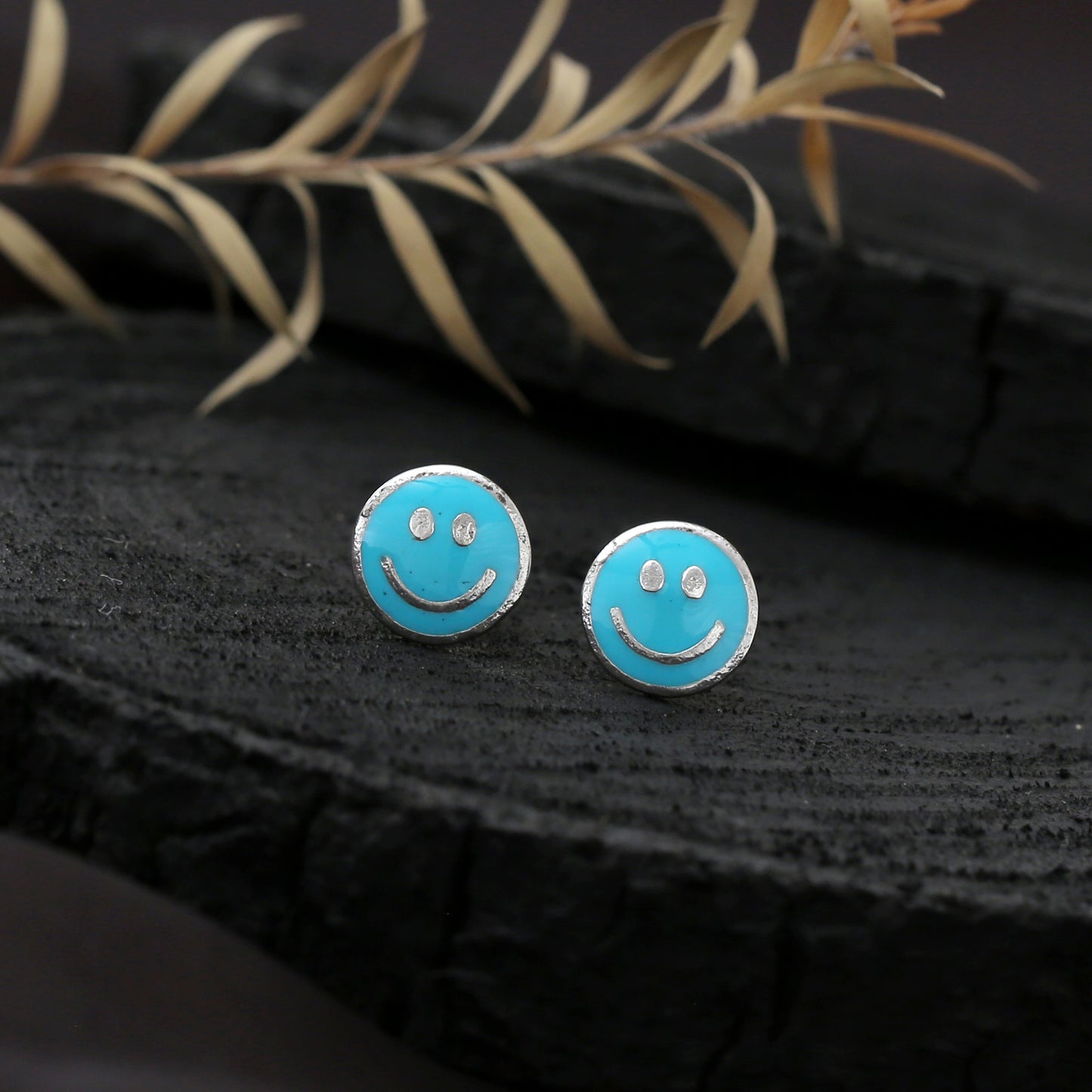 "Happy Days" Blue Enamel Smiley Face Stud Earrings - 925 Sterling Silver