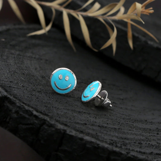 "Happy Days" Blue Enamel Smiley Face Stud Earrings - 925 Sterling Silver