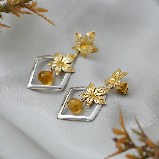 Autumn Leaf" Dual-Tone Citrine Dangle Earrings - Gold & Silver Geometric