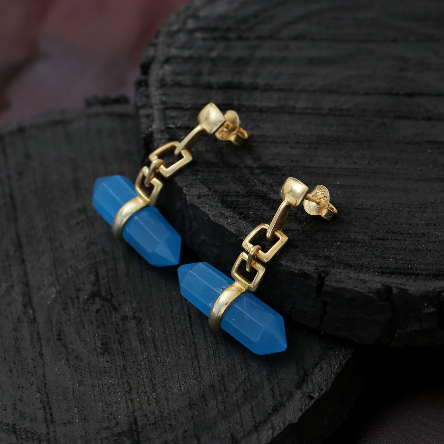 "Edge" Modern Blue Crystal Point Dangle Earrings - Gold Plated 925 Silver