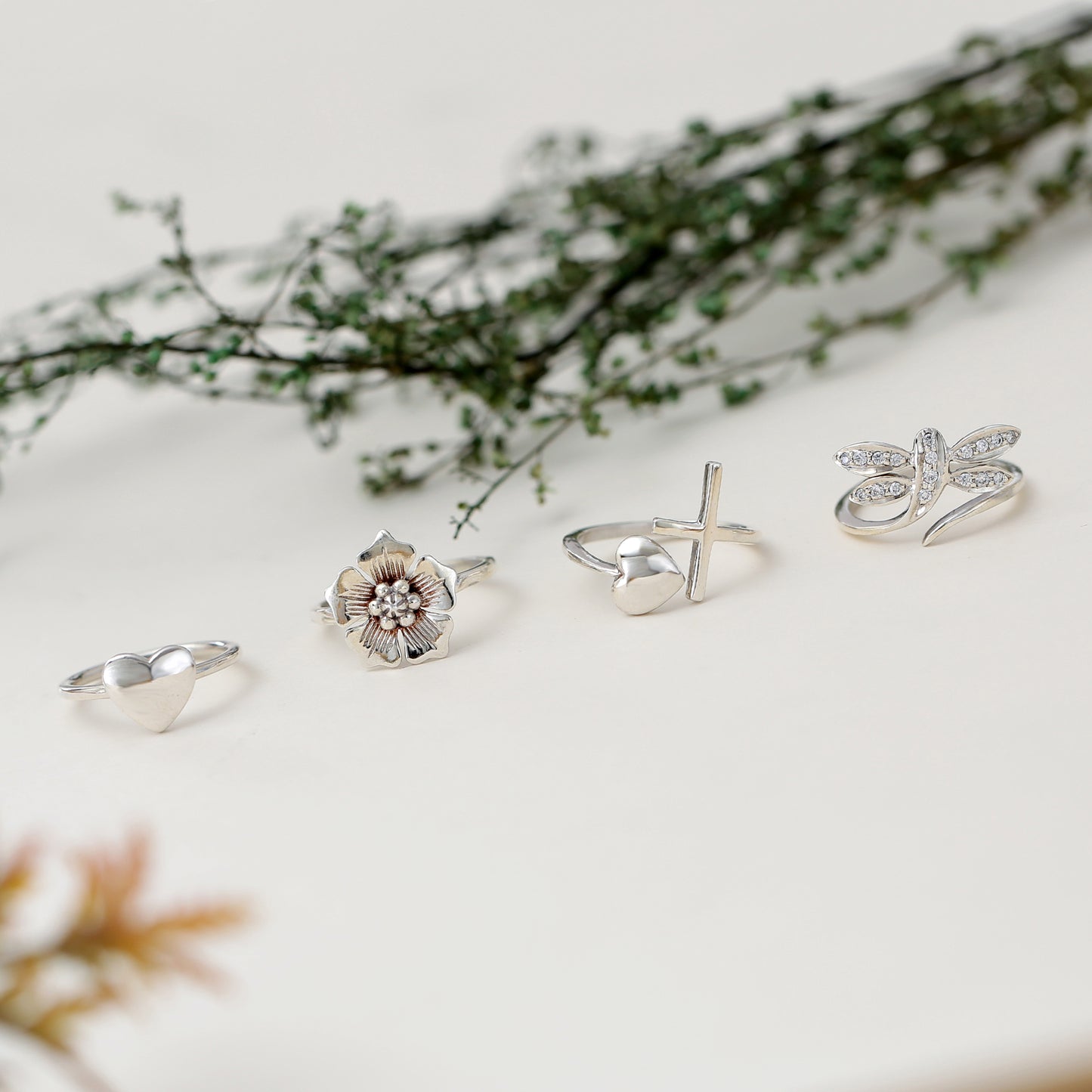 "Nature's Charm" Dainty Silver Ring Set of 4 - 925 Sterling Silver