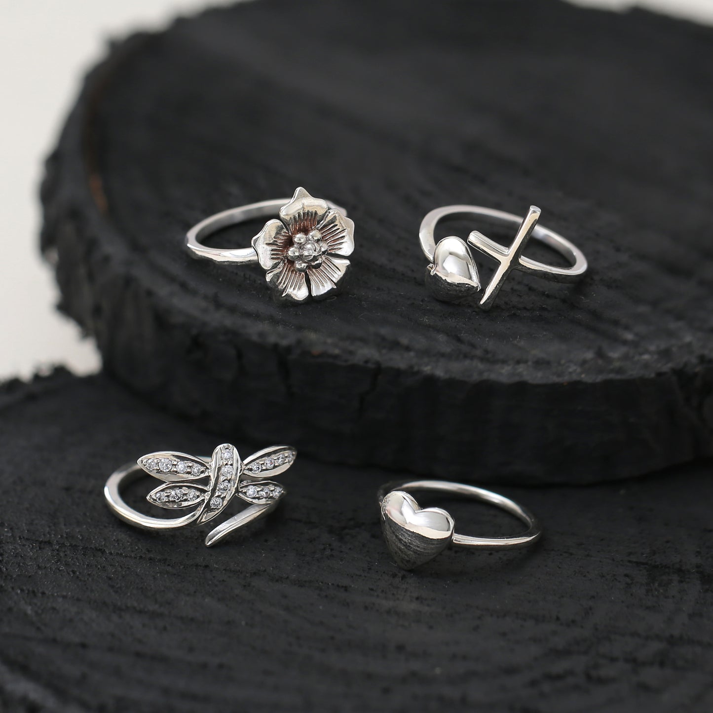 "Nature's Charm" Dainty Silver Ring Set of 4 - 925 Sterling Silver