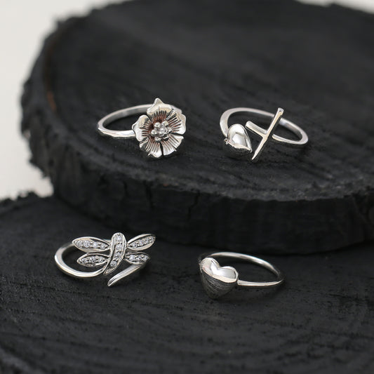 "Nature's Charm" Dainty Silver Ring Set of 4 - 925 Sterling Silver