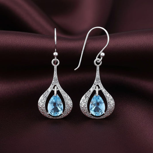 Ocean Mist – Blue Topaz Teardrop Halo Earrings (925 Silver)