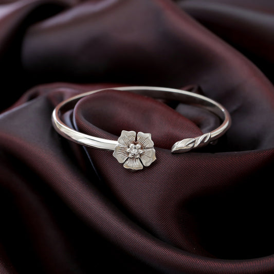 "Bloom" Textured Floral Open Cuff Bracelet - 925 Sterling Silver