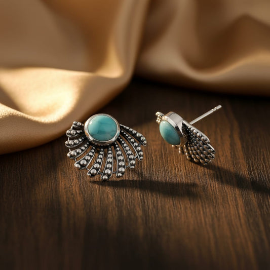 Azure Aura – Turquoise Fan Stud Earrings (925 Silver)